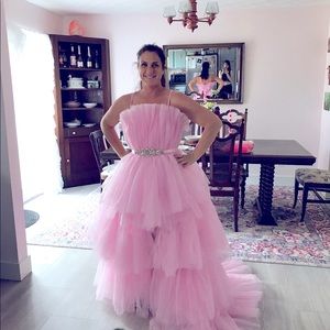 Pink tulle tiered floor length formal prom dress